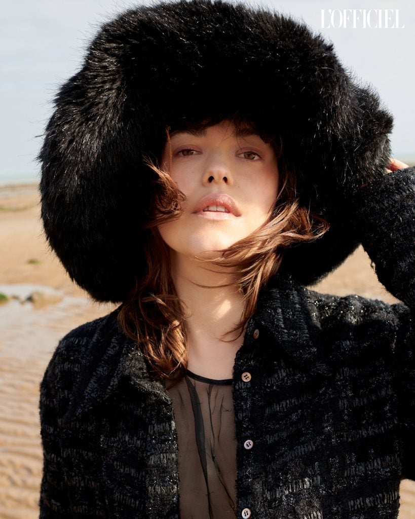 John Sansom for L’Officiel Ukraine with Anna Nevala John Sansom for L'Officiel Ukraine with Anna Nevala Emma Brewin hat, Rue Agthonis shirt and trousers, JUNLI dress