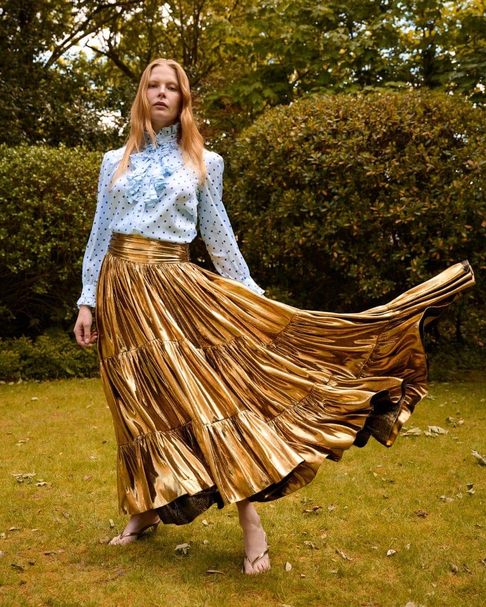 John Sansom Fashion Photographer London golden dress english garden
